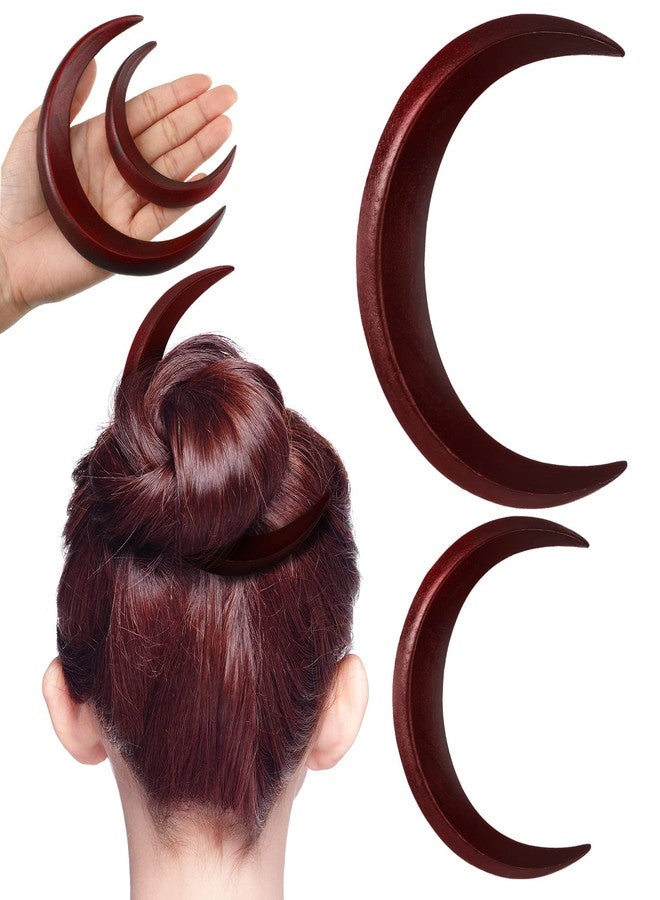 Yinder Hand Carved Crescent Moon Hair Accessories for Styling - 2 Wooden Hairpins and Hair Sticks for Women, 2 Sizes (Red) - Image 1